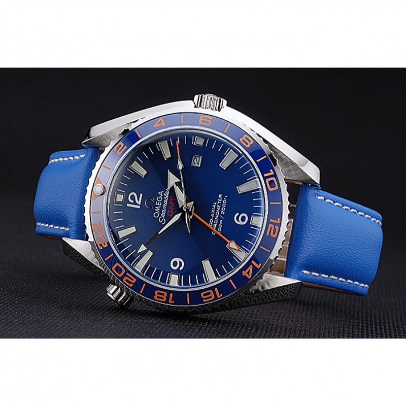 Omega Seamaster Planet Ocean GMT Blue Dial Blaues Leder Armband 622394 Replik Uhr