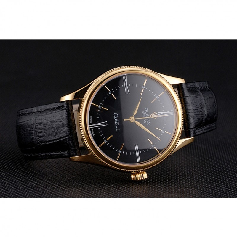 Swiss Rolex Cellini Black Dial Roman Numerals Gold Case Black Leather Strap Replica Watches