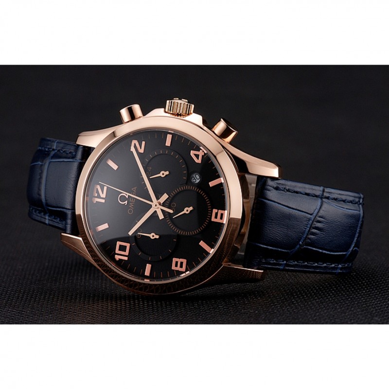 Omega Chronograph Black Dial Rose Gold Case Blue Leather Strap Replica Watches